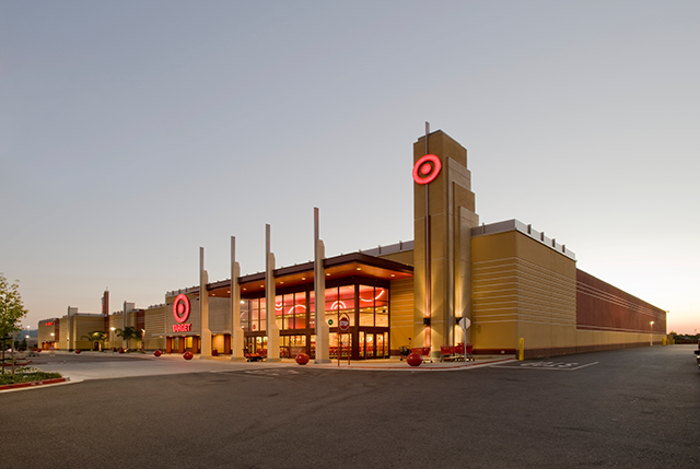 Exterior Target retail store and parking lot at dusk